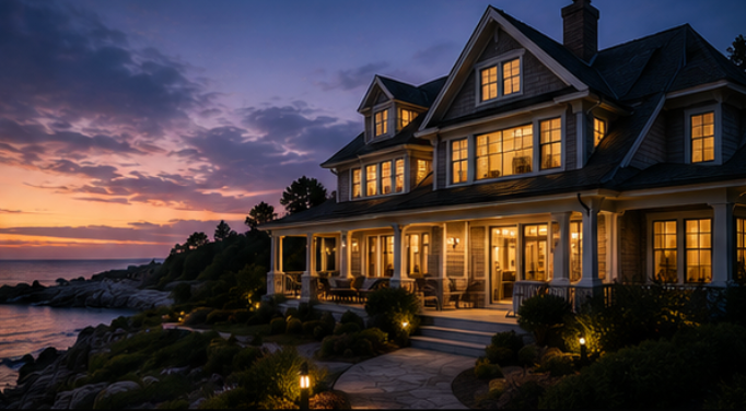 Protected coastal home at dusk